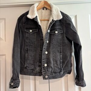 Topshop Black Denim Jacket Faux Shearling Lining Women's Size 2 Very Good Cond.